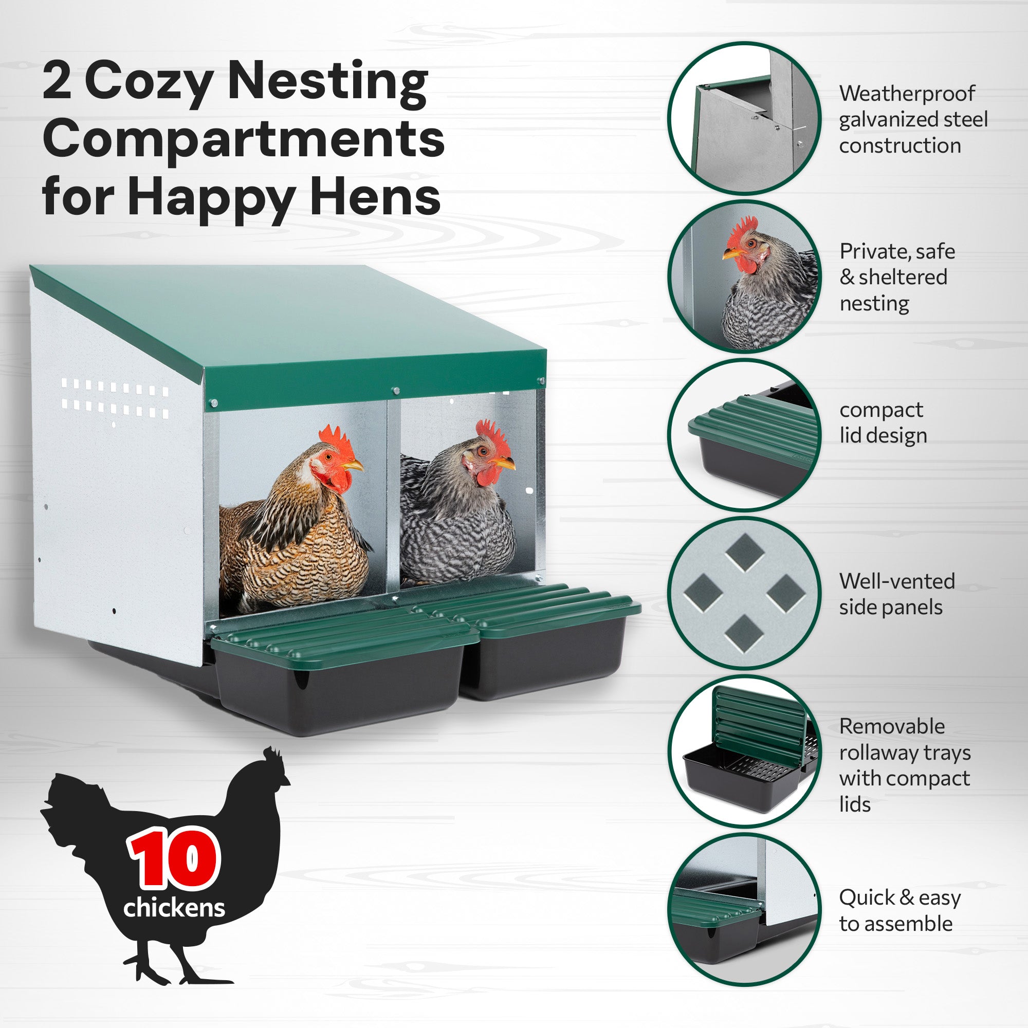 2 Compartment Roll Away/ Roll Out Chicken Nesting Box with Compact Trays/Lids