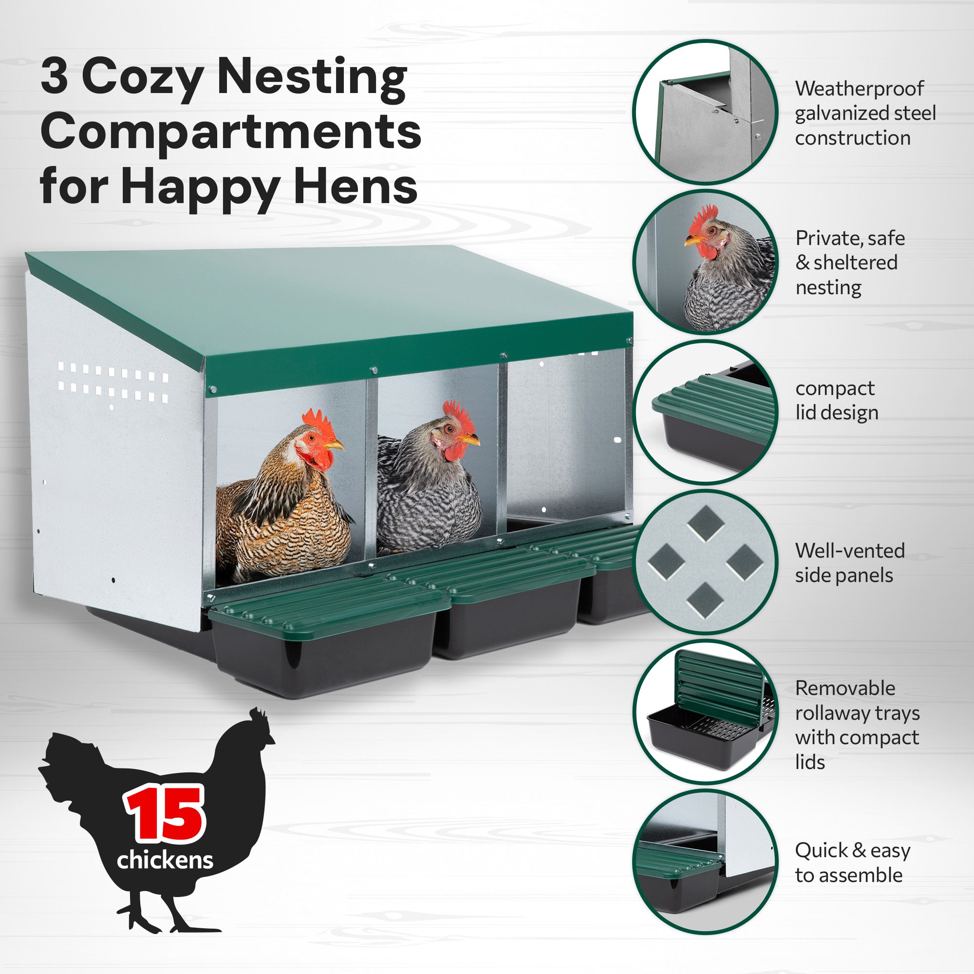 3 Compartment Roll Away/ Roll Out Chicken Nesting Box with Compact Trays/Lids