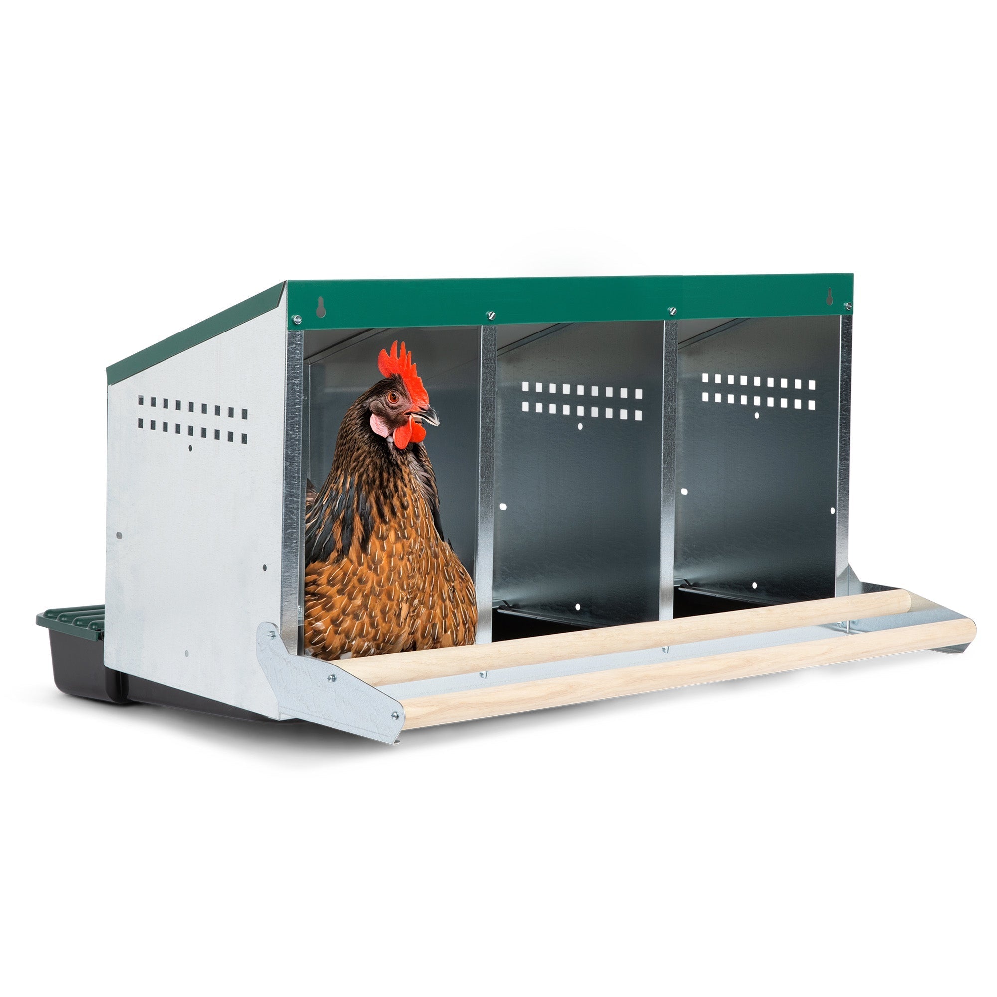3 Compartment Reverse Roll Away/ Roll Out Chicken Nesting Box with Compact Trays/Lids & Wood Perches