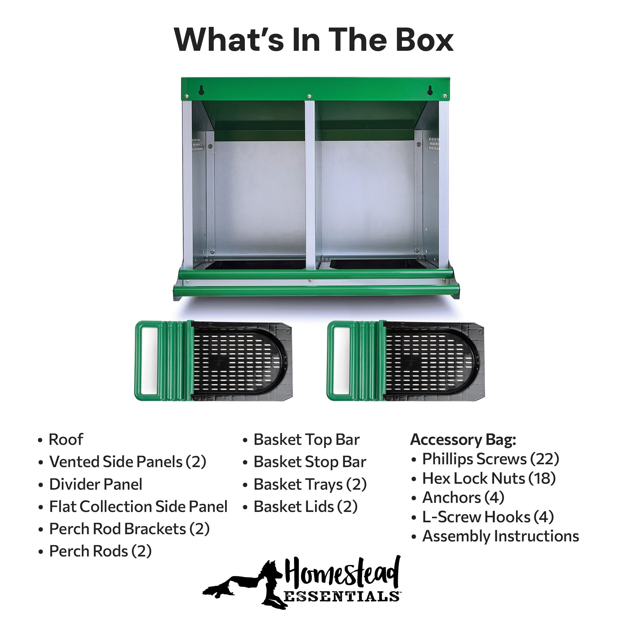 2 Compartment Reverse Roll Away/ Roll Out Chicken Nesting Box with Classic Trays/Lids & 2 Perches