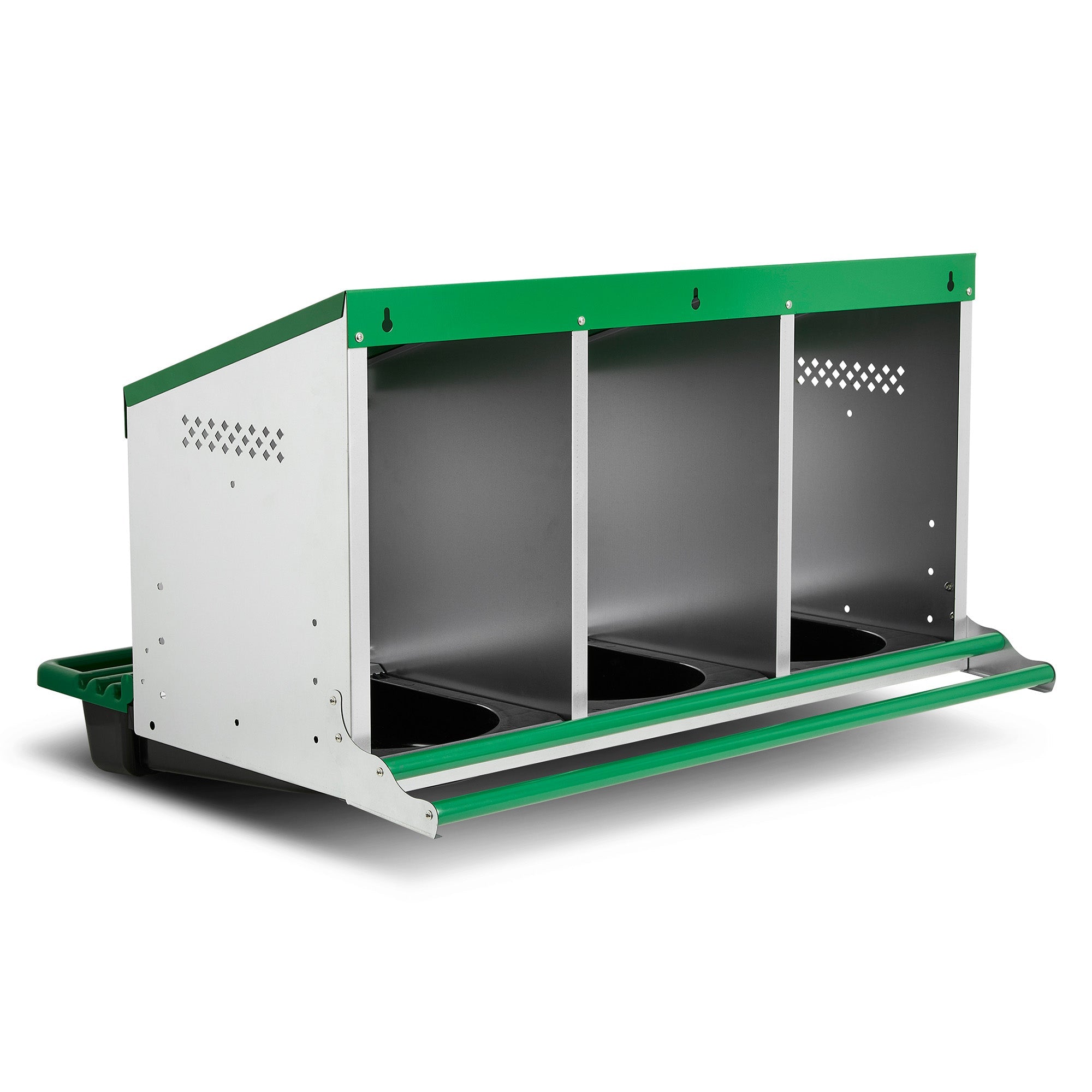 3 Compartment Reverse Roll Away/ Roll Out Chicken Nesting Box with Classic Trays/Lids & 2 Perches