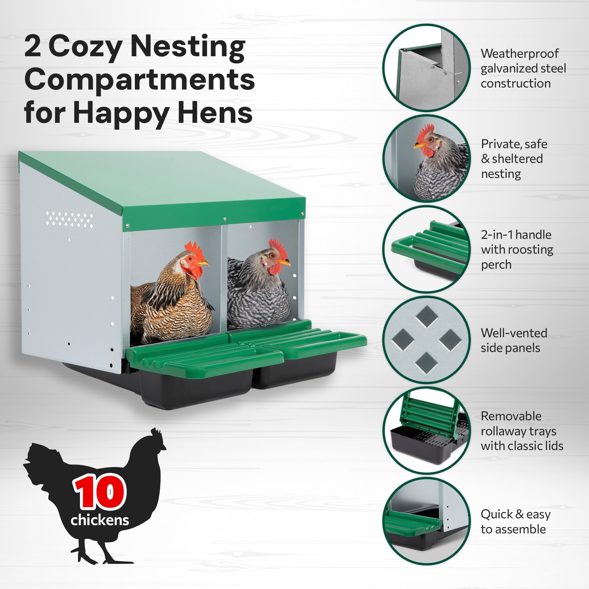 2 Compartment Roll Away/ Roll Out Chicken Nesting Box with Classic Trays/Lids