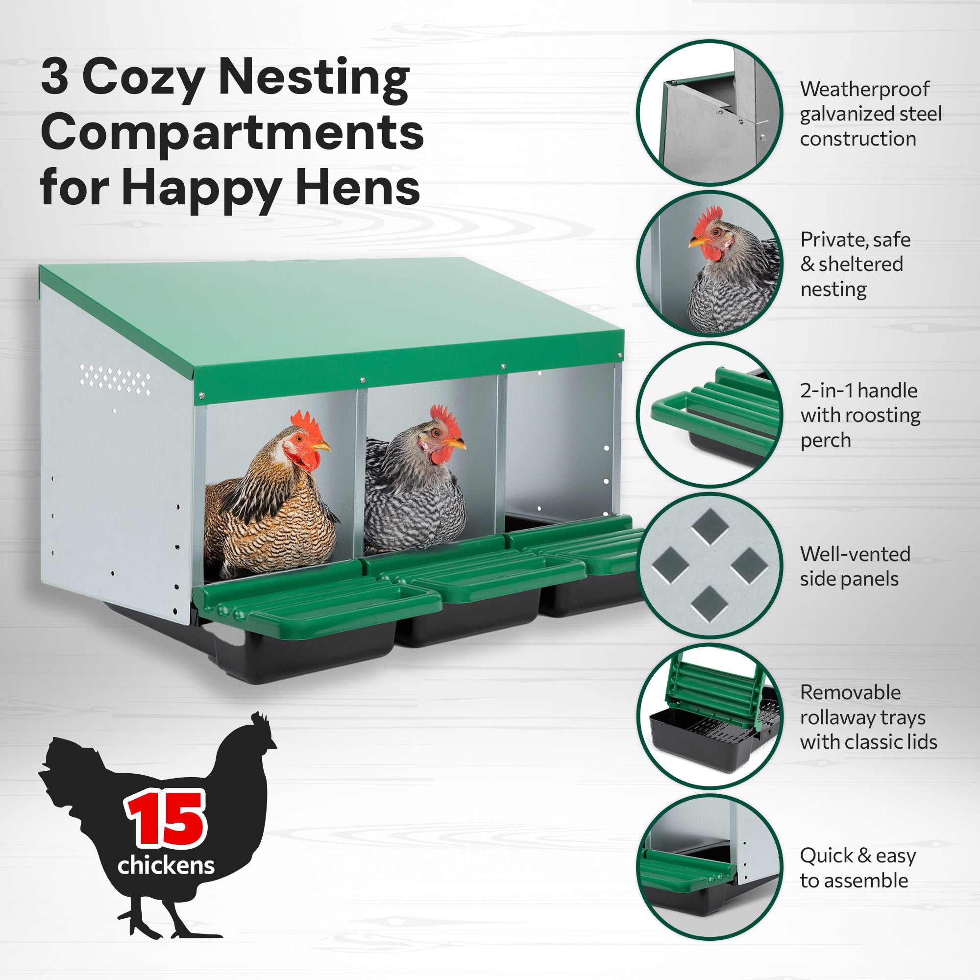 3 Compartment Roll Away/ Roll Out Chicken Nesting Box with Classic Trays/Lids
