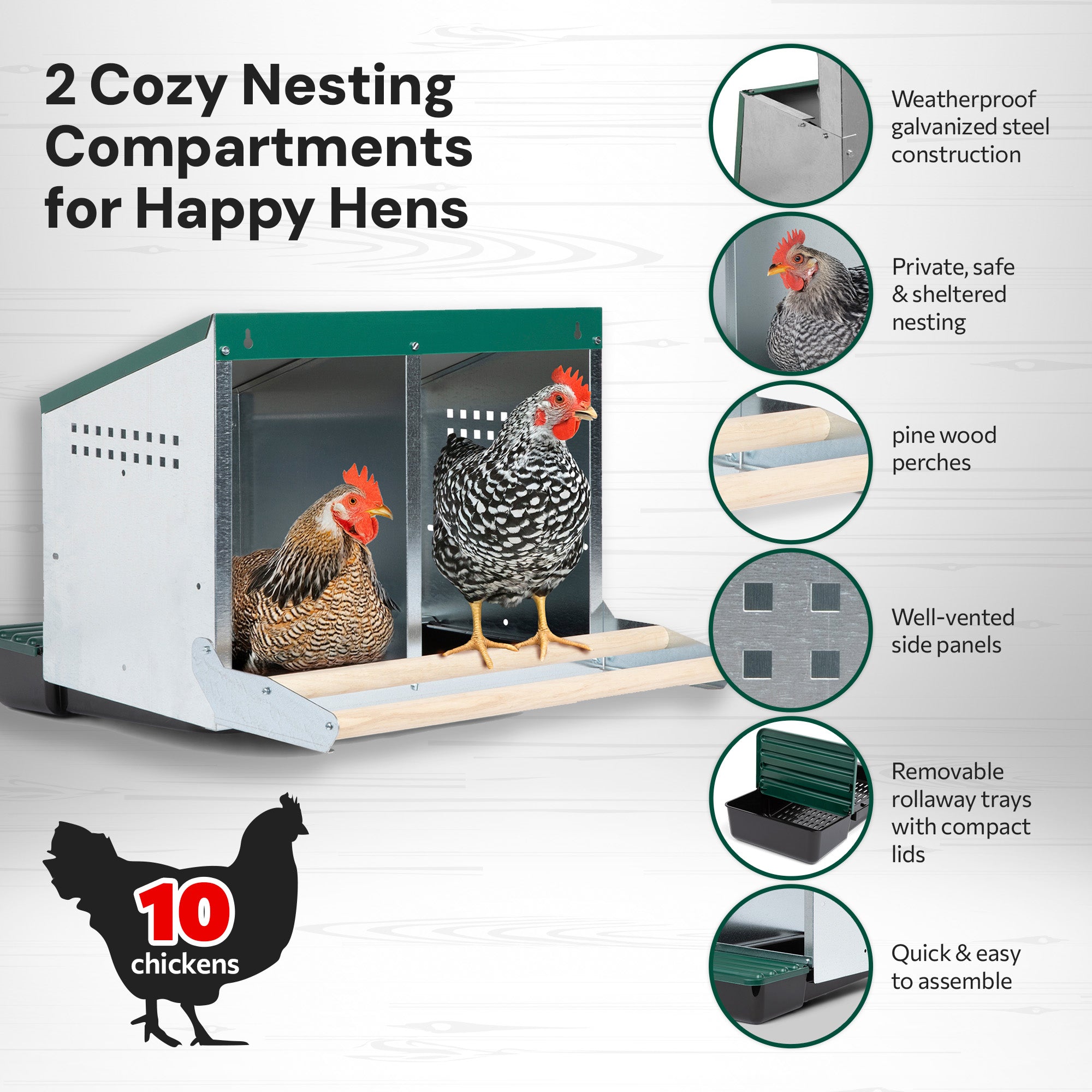 2 Compartment Reverse Roll Away/ Roll Out Chicken Nesting Box with Compact Trays/Lids & Wood Perches