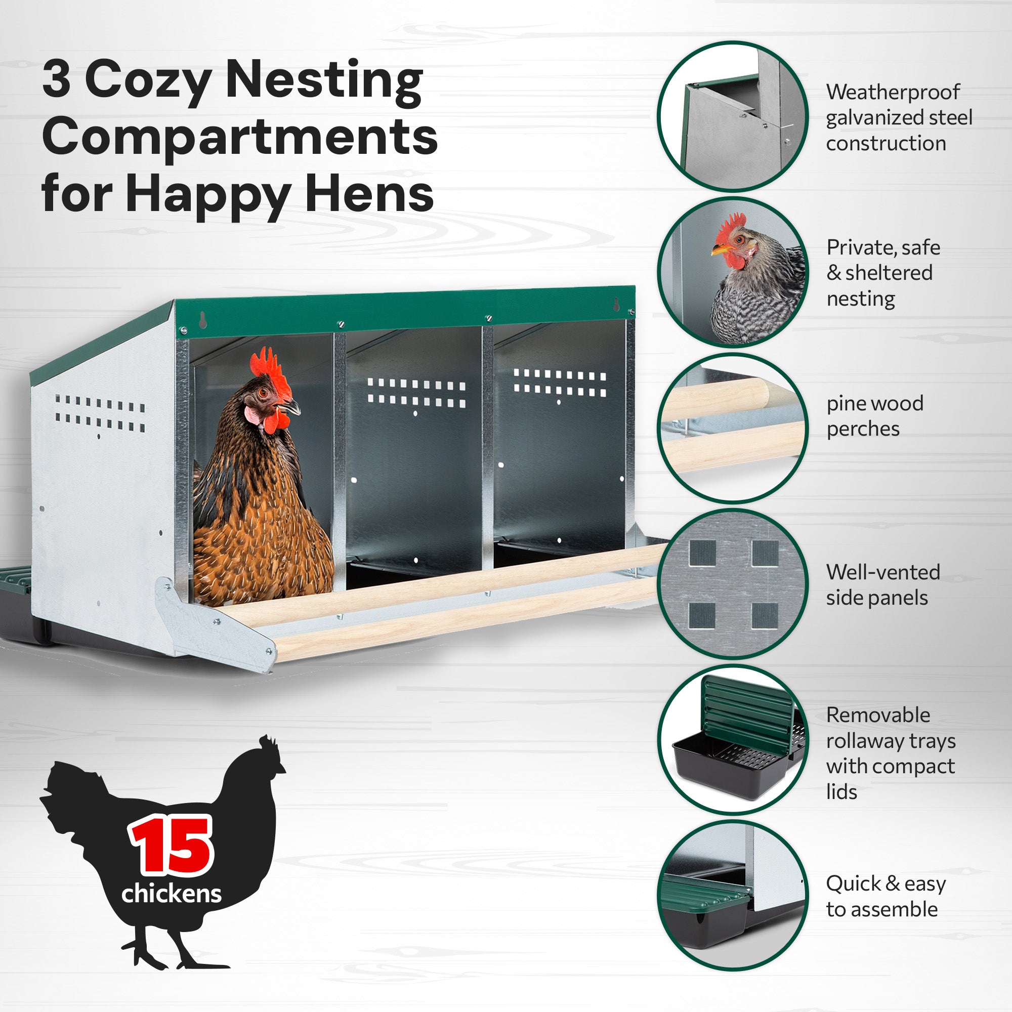 3 Compartment Reverse Roll Away/ Roll Out Chicken Nesting Box with Compact Trays/Lids & Wood Perches
