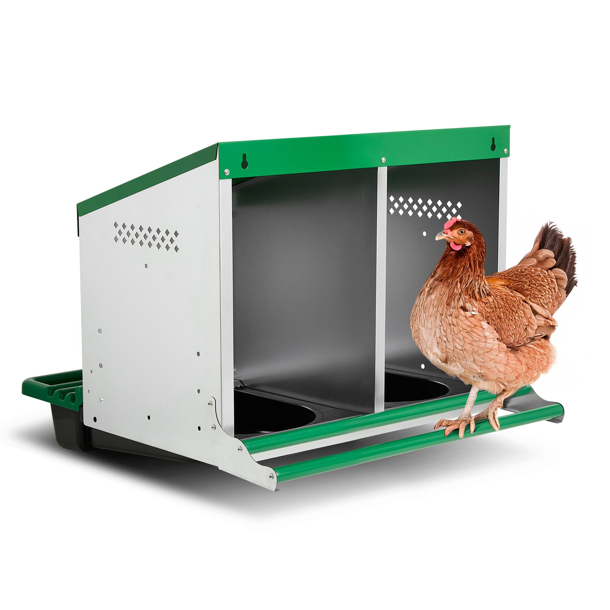 2 Compartment Reverse Roll Away/ Roll Out Chicken Nesting Box with Classic Trays/Lids & 2 Perches