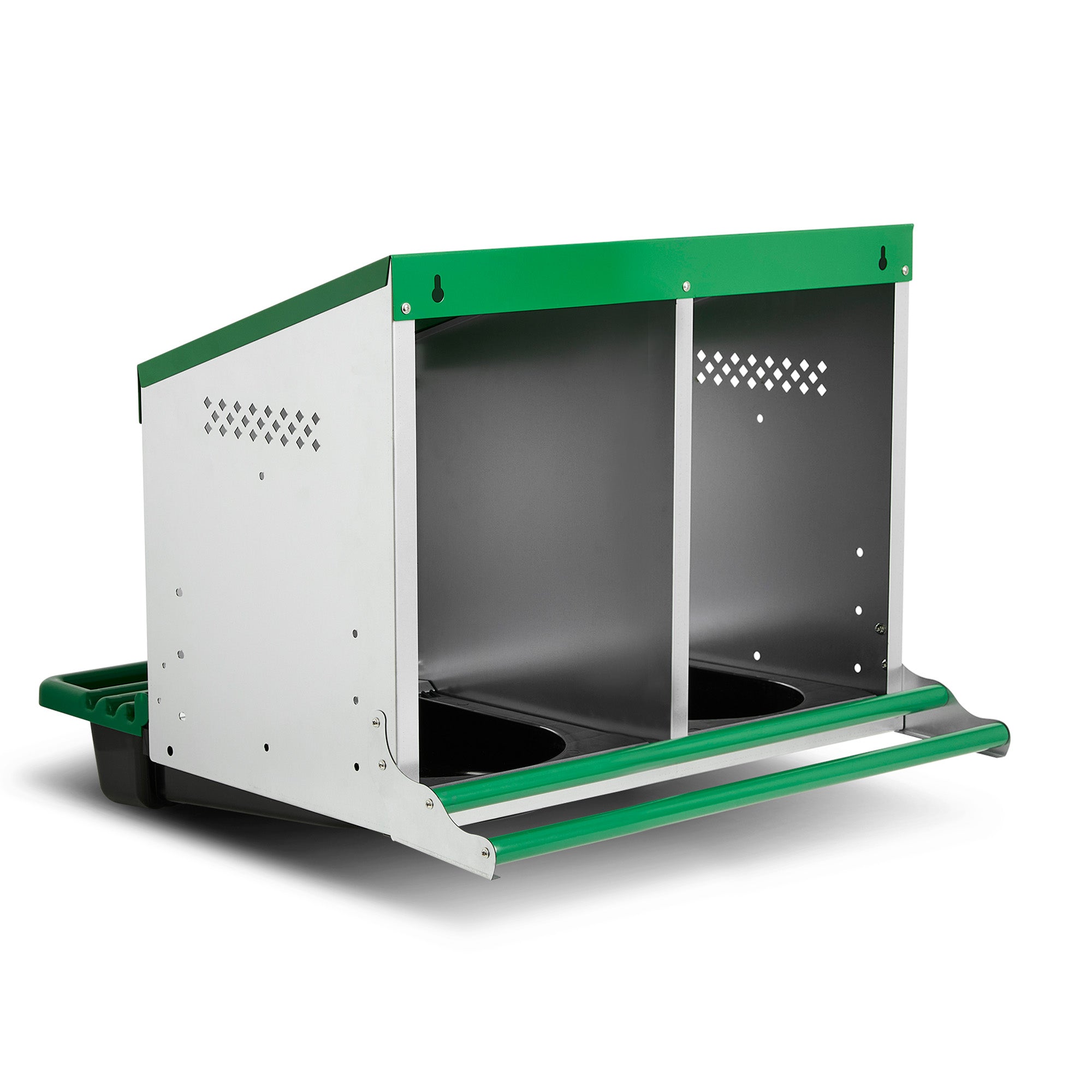 2 Compartment Reverse Roll Away/ Roll Out Chicken Nesting Box with Classic Trays/Lids & 2 Perches