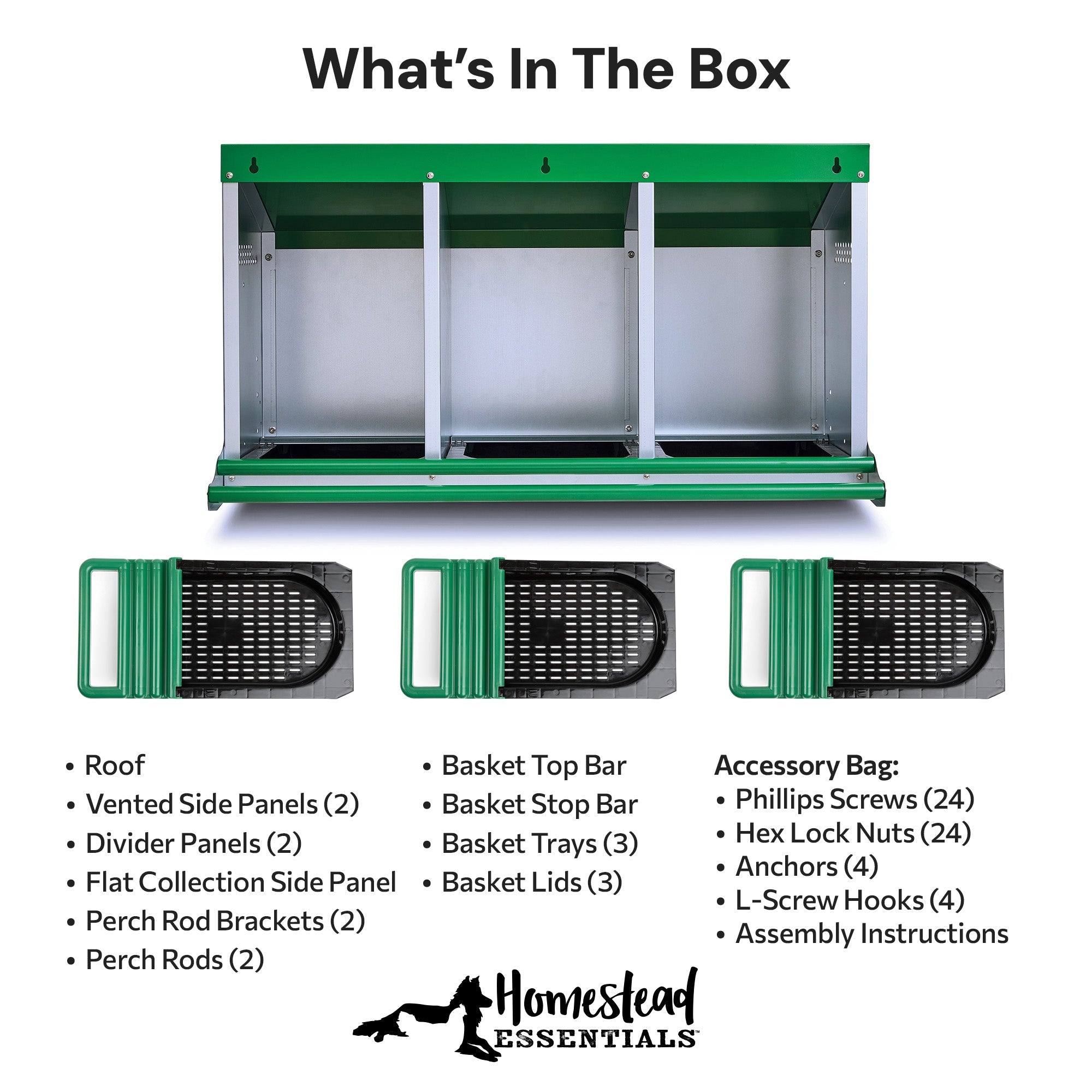 3 Compartment Reverse Roll Away/ Roll Out Chicken Nesting Box with Classic Trays/Lids & 2 Perches